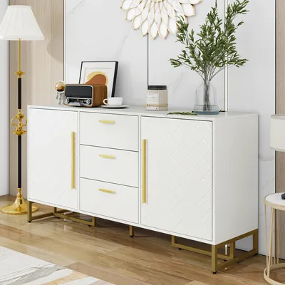 Image de Merax Commode Sideboard, avec 2 portes & 3 tiroirs, étagères réglables, design Chevron, salle à manger, cuisine & salon, 145 cm, Blanc