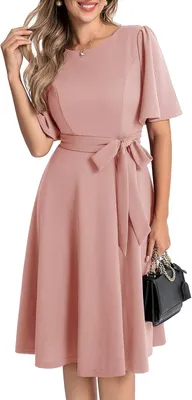 Produktbild von Cocktailkleid für Damen mit kurzen Ärmeln, Rundhalsausschnitt und A-Linie, halblanges Modell in einer zarten Rosatönung
