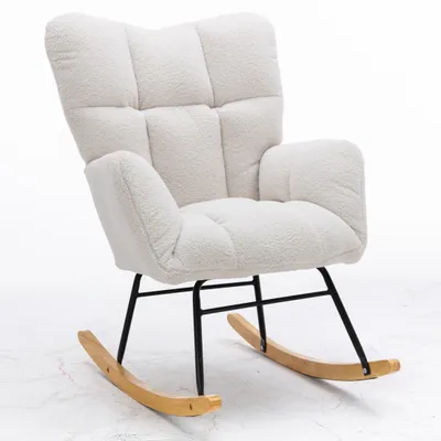 Imagen del producto de Silla mecedora de estilo Mid Century Modern – Tapizada en tela tipo "teddy" con detalles acolchados y texturizados (blanca) | Ideal para el salón, el dormitorio, la decoración del hogar y el jardín