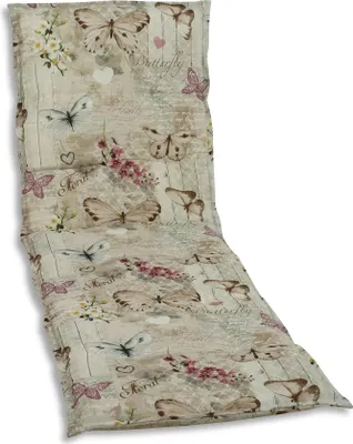 A close-up, angled view of a padded lounge chair cushion with a butterfly and floral pattern.