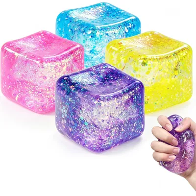 Produktbild von 4er Set Squishy Cube Glitzer Langsam Steigend Fidget Toy Würfel Stressabbau für Erwachsene Kinder Dehnbar Sensorik Geschenk Büro Schule Prüfung