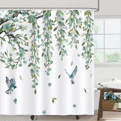 Produktbild von Omgoods – Duschvorhang mit Blättern und Blumen – wasserdicht und waschbar, 180x180 cm