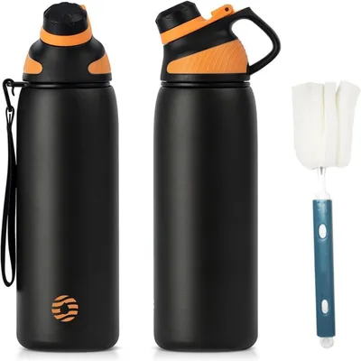 Produktbild von Edelstahl Trinkflasche Sport Magnetischer Deckel BPA-Frei Auslaufsicher Kohlensäuregeeignet Thermo 800ml Schwarz