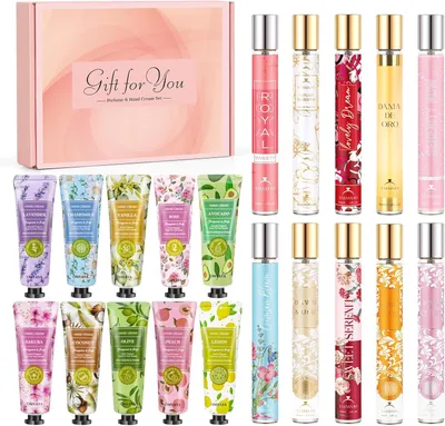 Zdjęcie produktu dla zestaw prezentowy dla kobiet, zawierający 10 perfum i 10 kremów do rąk
