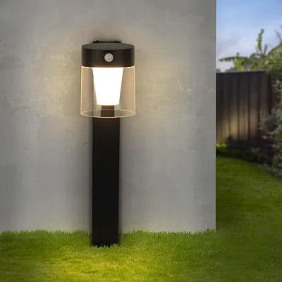 Produktbild von Ledvion - LED-Solar-Stehleuchte Außenbereich + Bewegungssensor Rund, Schwarz, IP44, 0,5W, 3000K, Dämmerungsschalter, Energieeffizient