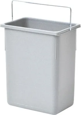 A light gray rectangular trash can with a silver wire handle, shown from a slightly diagonal front-facing angle against a white background.