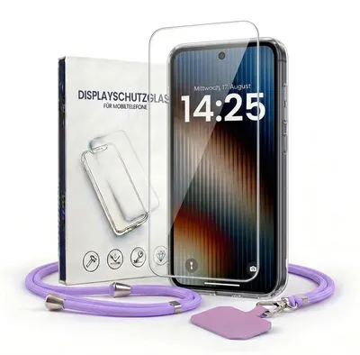 Produktbild von Handyhülle für Samsung Galaxy A57 5G mit Handykette und 9H Displayglas Displayschutz Band in Lila Violett Kordel Hülle Case Schutzhülle Transparent