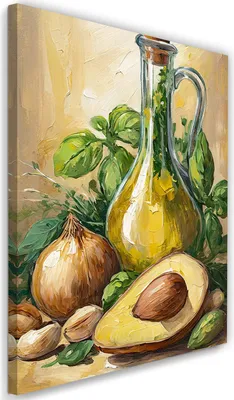 Produktbild von Leinwandbild Avocado Olivenöl Zwiebel Lebensmittel 40x60 Feeby Beige bild für die wand bereit zum aufhängen