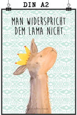 Produktbild von Mr. & Mrs. Panda Bild Lamakopf König DIN A2 - Aztekenblau - Geschenk, Wandbild, Lama, drucke, Papa, Plakat, Chef, Abitur, Posterdruck, Mama, wanddeko, Freundin