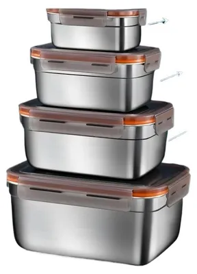 Produktbild von Edelstahl Frischhaltedosen-Set 4-teilig, lebensmittelechter 304 Edelstahl, Vorratsbehälter mit Deckel für Camping, Kühlschrank und Lebensmittelaufbewahrung, 550/1100/1900/3500 ml