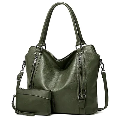 Produktbild von Handtasche Damen Schultertasche Groß Shopper Vegan Handtasche Umhängetasche Geldbörse Damen Taschen 2-Tlg (Dunkelgrün)