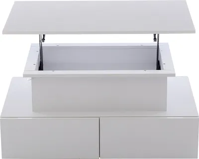 A white coffee table with its top lifted, revealing storage space.