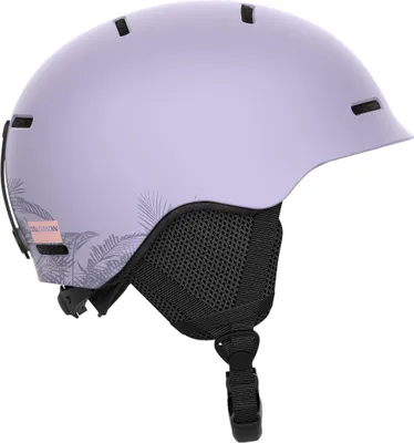 A side view of a purple ski helmet with a palm leaf design and a black chin strap.
