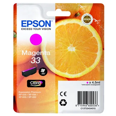 Produktbild von Epson Oranges Singlepack Magenta 33 Claria Premium Ink, Magenta, Tinte auf Pigmentbasis, 4,5 ml, 1 Stück(e), 300 Seiten