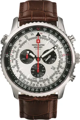 A close-up studio shot of a men's chronograph watch with a white dial and a brown leather strap.