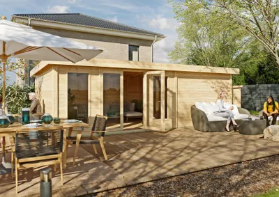 Produktbild von Gartenhaus Boston Flachdach 7,40 m x 4,00 m mit 44 mm Wandstärke und extra hohen Türen