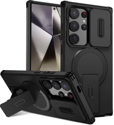 Obrázek produktu pro Magnetické pouzdro pro Samsung Galaxy S24 Ultra, dvouvrstvé odolné pouzdro s posuvnou ochranou fotoaparátu a nastavitelným stojánkem Černá