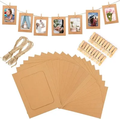 20 Stück Fotogarn mit Clips, DIY Kraftpapier Fotohalter 14 x 22 cm für Wanddekoration, Geburtstag, Hochzeit und Feiern