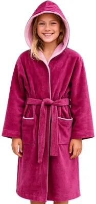 Produktbild von Unyqoos® Kinderbademantel aus 100% Baumwoll-Frottee mit Kapuze – Velours-Außen, saugfähige Innenseite, 2 Taschen (1 mit Reißverschluss) – für Kinder & Teens