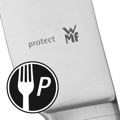 Close-up of a knife blade with branding and a fork symbol.