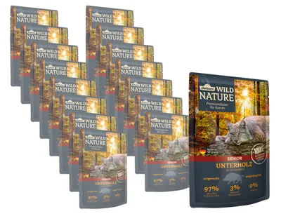Produktbild von Dehner Wild Nature Katzenfutter Unterholz, Nassfutter getreidefrei / zuckerfrei, für ältere Katzen, Wildschwein, 16 x 85 g Beutel (1.36 kg)