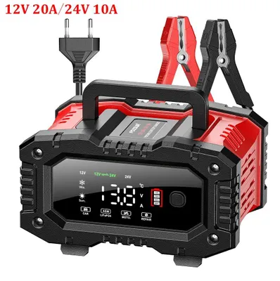 Image de Chargeur de batterie intelligent pour véhicules et motos - 12V/24V - 12V 20A / 24V 10A - Compatible avec les batteries au plomb, AGM, GEL, lithium, LiFePO4 - 7 étapes de charge - Rouge