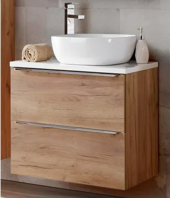 Produktbild von Waschtisch-Unterschrank 60cm mit Keramikbecken TOSKANA-56 in Wotaneiche in Weiß Hochglanz, B/H/T ca. 61/74,5/46 cm