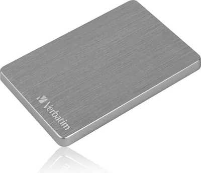 A close-up, angled view of a silver Verbatim external hard drive on a white background.