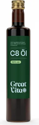 A bottle of GreatVita C8 MCT oil on a white background.