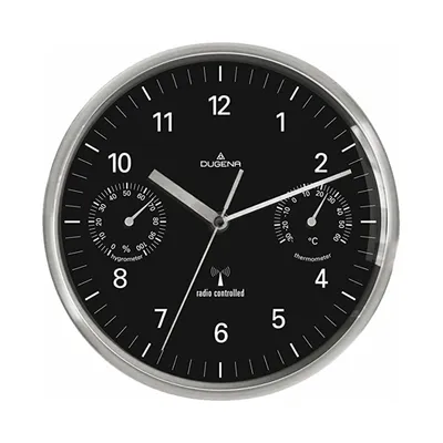 Obrázok produktu pre Rádiom riadené nástenné hodiny DUGENA 4277406, quartzový strojček, s teplomerom a vlhkomerom, čierny ciferník, puzdro z nerezovej ocele