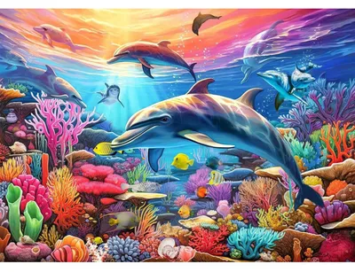Zdjęcie produktu dla Puzzle, 500 elementów, dla dorosłych, kolorowe delfiny, dekoracja, prezent, wymiary: 49x35 cm