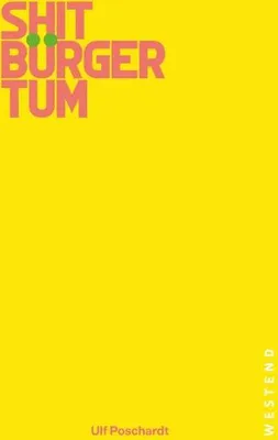 A bright yellow background with text in pink and green.