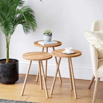 Produktbild von Carenza Home 3er Beistelltisch Set Rund Eiche Massivholzbeine Ø34cm Satztisch Sofatisch Couchtisch Skandinavisch 7 Farben