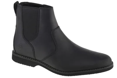 A single black Chelsea boot is shown from a side-diagonal angle against a white background.