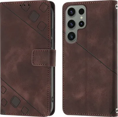 Produktbild von Hülle für Samsung Galaxy S23 Ultra Prägung Flip Leder Brieftasche Schutzhülle mit Ständer Braun
