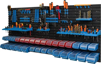 Image de 30 bacs gerbables étagère murale plastique couvercle 173,3 x 78 cm porte-outils atelier garage système de stockage bacs à bec verseur