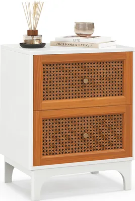 Obrázok produktu pre Ratanový nočný stolík COSTWAY, nočný stolík s 2 zásuvkami a nohami z masívneho dreva, nočný stolík komoda v boho štýle 46x33x59,5 cm