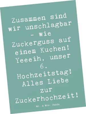 Produktbild von Mr. & Mrs. Panda Postkarte Spruch 6. Hochzeitstag Zuckerhochzeit - Meeresbrise - Geschenk, Heirat, Postkarten, handgefertigte Produkte, Fotokarte, Ansichtskarte, Heiraten