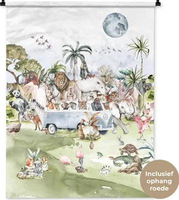 Produktbild von MuchoWow® Wandteppich Wandbehang Dschungel - Bus - Tiere - Kinder - Pflanzen 90x120 cm Tapisserie Dekoration Wandtuch - Wanddeko