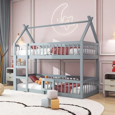 Immagine prodotto di Letto a castello per bambini, 90x200 cm, con scala, letto a castello in legno massello grigio, con ringhiera di sicurezza e porta, letto a castello dal design moderno per camerette