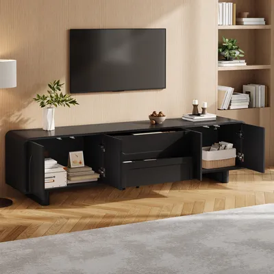 Immagine prodotto di Mobile TV con ante e cassetti, mobile basso per TV con linee arrotondate e spazio contenitivo, tavolino TV dal design moderno per il soggiorno