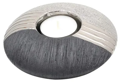 Productafbeelding van Elegant design, keramische theelichthouder in discvorm, zilverkleurig, afmetingen ongeveer 13 x 13 x 4 cm