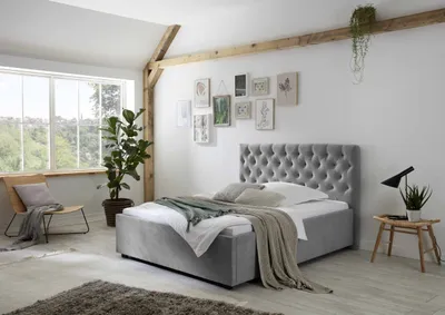 A bedroom with a bed, chair, plant, and framed pictures on the wall.