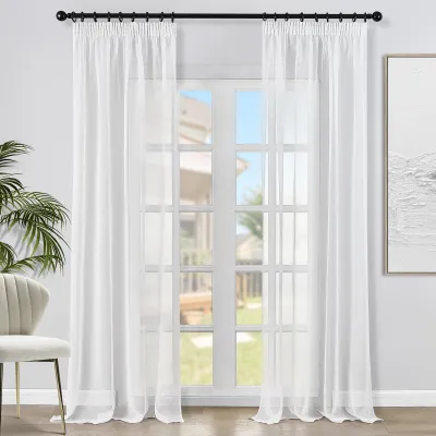 Image de Rideaux voilés - Transparents, aspect lin, avec bande froncée - Pour salon et chambre - Blanc, 140x245 cm, lot de 2