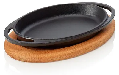 Produktbild von LAVA Brat-/Servierpfanne 21 x 14 x 3 cm mit Holzuntersetzer und Stilgriff, Serie Serving pans 36 Gusseisen emailliert