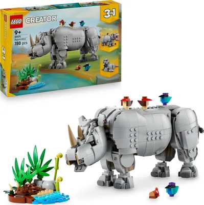 Produktbild von LEGO Creator Wilde Tiere: Prächtiges Nashorn mit Vögeln -3-in-1 Konstruktionsspielzeug - Tierfigur verwandelt Sich in EIN Nilpferd oder Walross - Geschenk für Mädchen und Jungen ab 9 Jahren - 31171