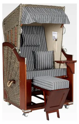 Produktbild von AVA Deluxe Strandkorb Ostsee Single mit Vollholzfront, außen beige, innen grau gestreift für Balkon, Terrasse und Garten