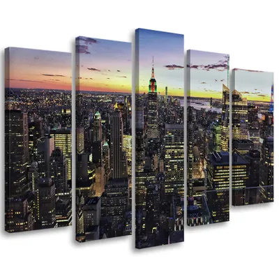 Produktbild von 5-teiliges leinwandbild new york city nacht 100x70 cm Feeby farbe wandbild bereit zum aufhängen