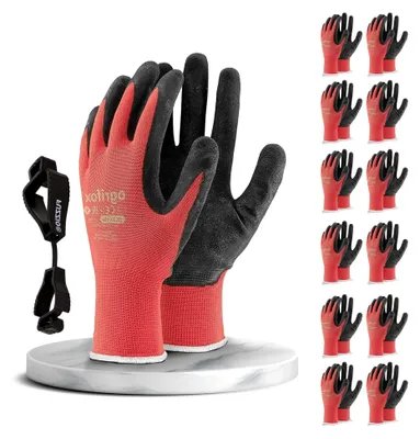 Produktbild von 12 Paar Mechanikerhandschuhe für Herren Größe 7, Rote Gartenhandschuhe, Arbeitshandschuhe für Damen, Montagehandschuhe mit Latexbeschichtung und Handschuhclip