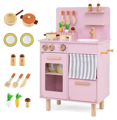 Produktbild von COSTWAY Kinderküche Holz, Spielküche mit Herd, Spüle, Stauraum, Kochset, Spiellebensmittel & Massivholzbeinen,Puppenküche,Spielzeugküche für Kinder 3+